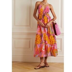 NWT Farm Rio Floral Tiered Midi Dress Pink Orange Cotton Size S